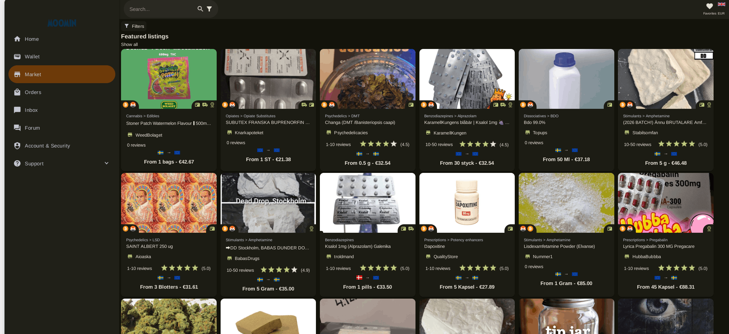 Moomin Market produktlista — tillgänglig via Tor Browser